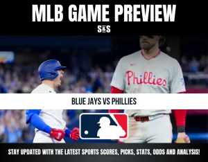 MLB game preview banner showing Blue Jays player celebrating and Phillies player standing, with matchup text and MLB logo.