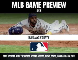 MLB game preview for Blue Jays vs Rays featuring a Rays player sliding on the field, with logos and sports update text.