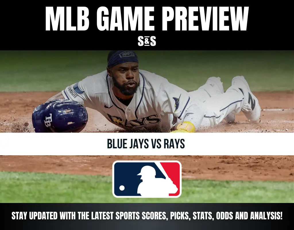 MLB game preview for Blue Jays vs Rays featuring a Rays player sliding on the field, with logos and sports update text.