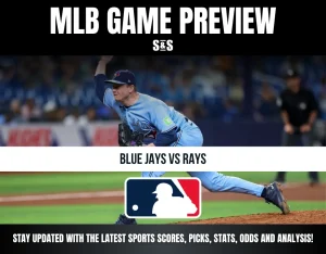 MLB game preview for Blue Jays vs Rays showing a Blue Jays pitcher in action on the mound during gameplay.