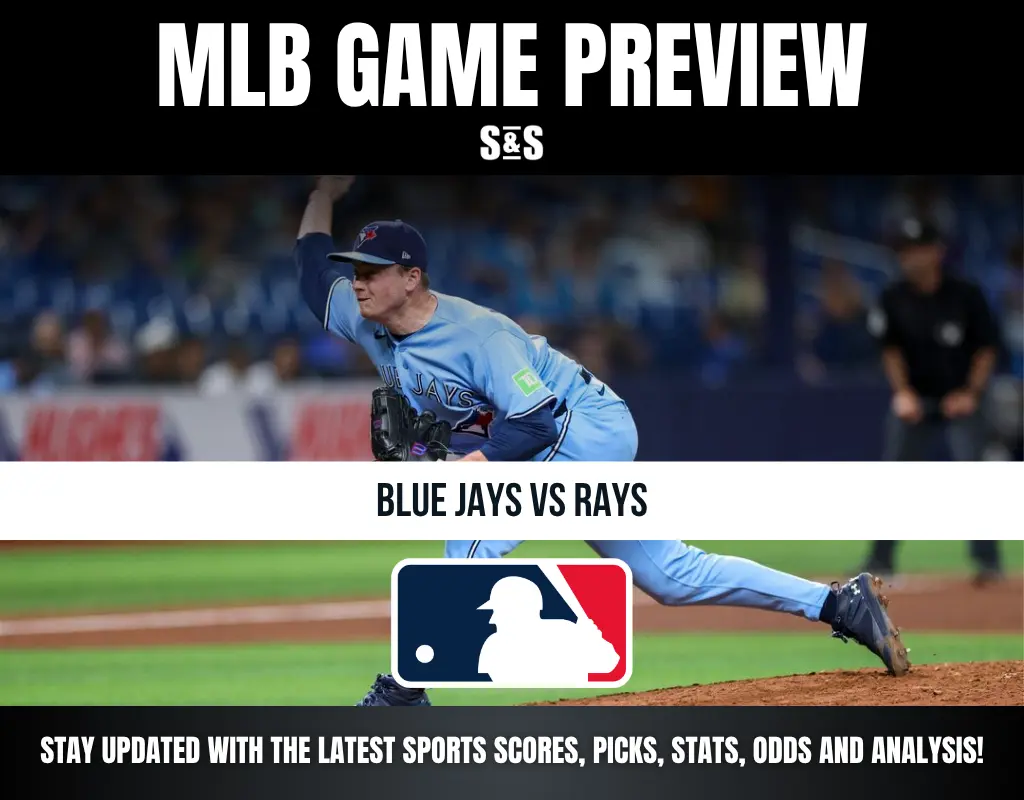 MLB game preview for Blue Jays vs Rays showing a Blue Jays pitcher in action on the mound during gameplay.
