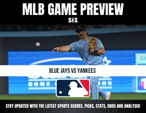 MLB game preview featuring a Blue Jays player throwing a baseball, promoting the Blue Jays vs Yankees matchup.