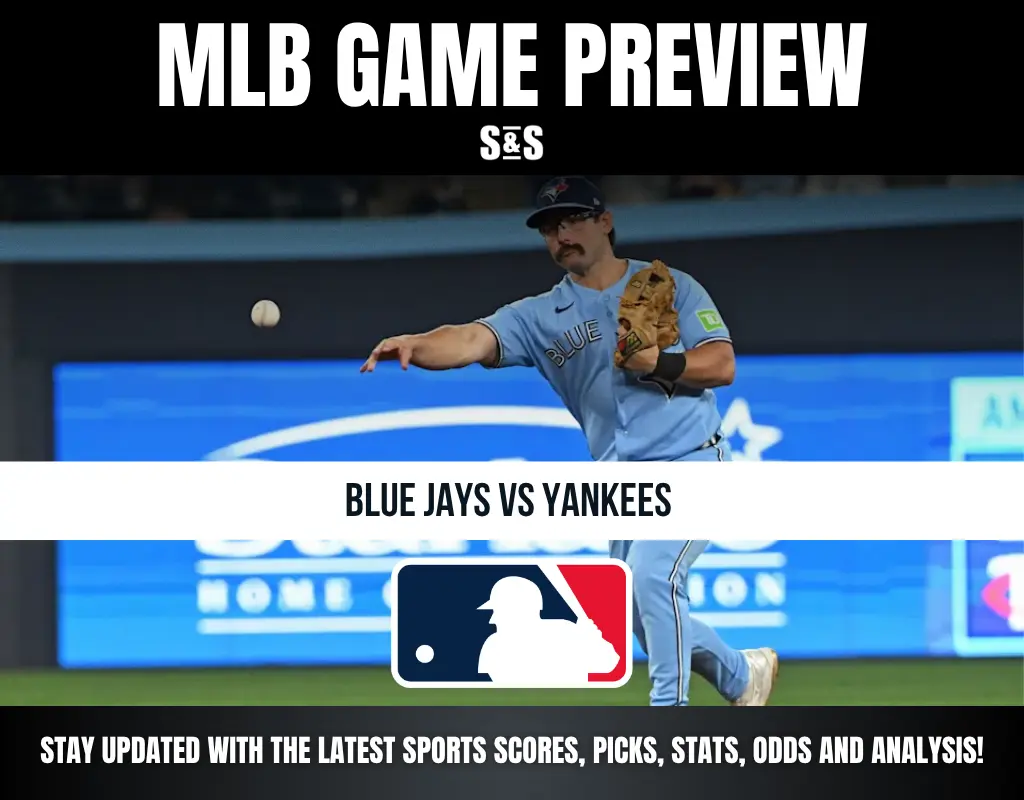 MLB game preview featuring a Blue Jays player throwing a baseball, promoting the Blue Jays vs Yankees matchup.
