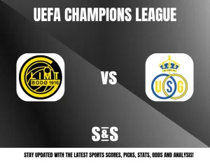 UEFA CHAMPIONS LEAGUE logo featuring Bodo/Glimt and USG logos with the text "STAY UPDATED WITH THE LATEST SPORTS SCORES, PICKS, STATS, ODDS AND ANALYSIS!"