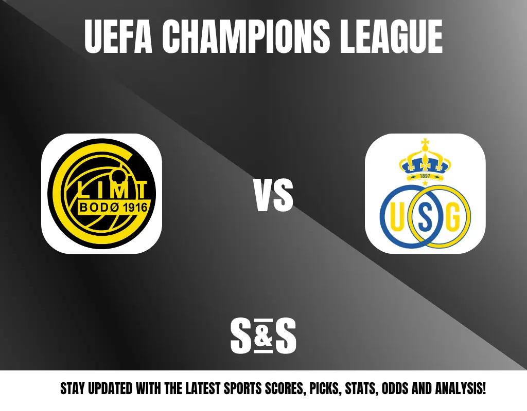 UEFA CHAMPIONS LEAGUE logo featuring Bodo/Glimt and USG logos with the text "STAY UPDATED WITH THE LATEST SPORTS SCORES, PICKS, STATS, ODDS AND ANALYSIS!"