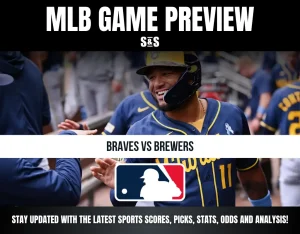 MLB game preview featuring a smiling Brewers player, highlighting the Braves vs Brewers matchup with MLB logo and game info.