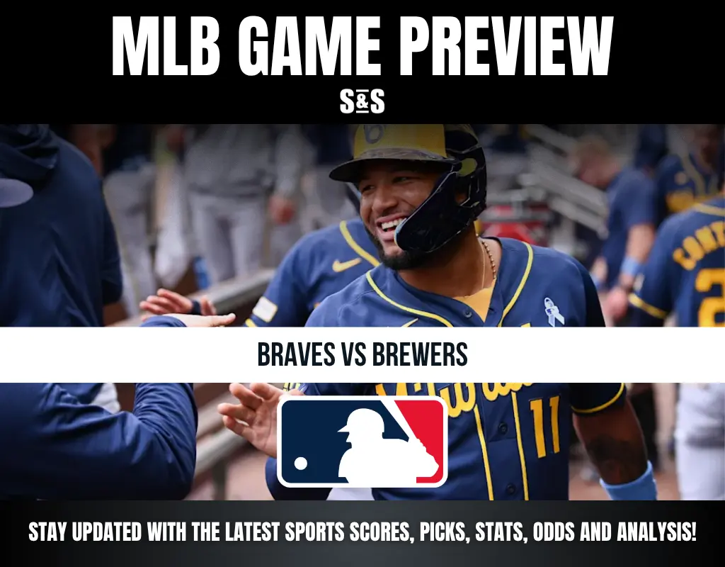 MLB game preview featuring a smiling Brewers player, highlighting the Braves vs Brewers matchup with MLB logo and game info.