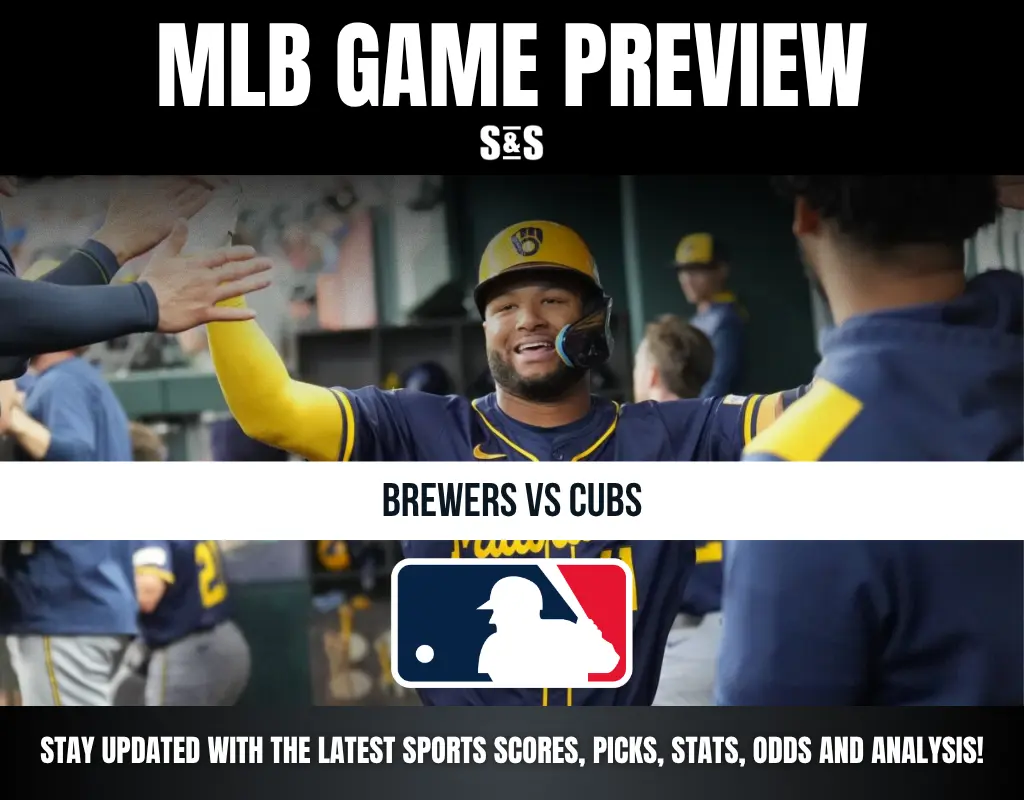 MLB Game Preview featuring Brewers vs Cubs, with a call to stay updated on sports scores, picks, stats, odds, and analysis.