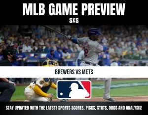 MLB game preview for Brewers vs Mets with a batter swinging and catcher, umpire, and crowd in background, MLB logo displayed.