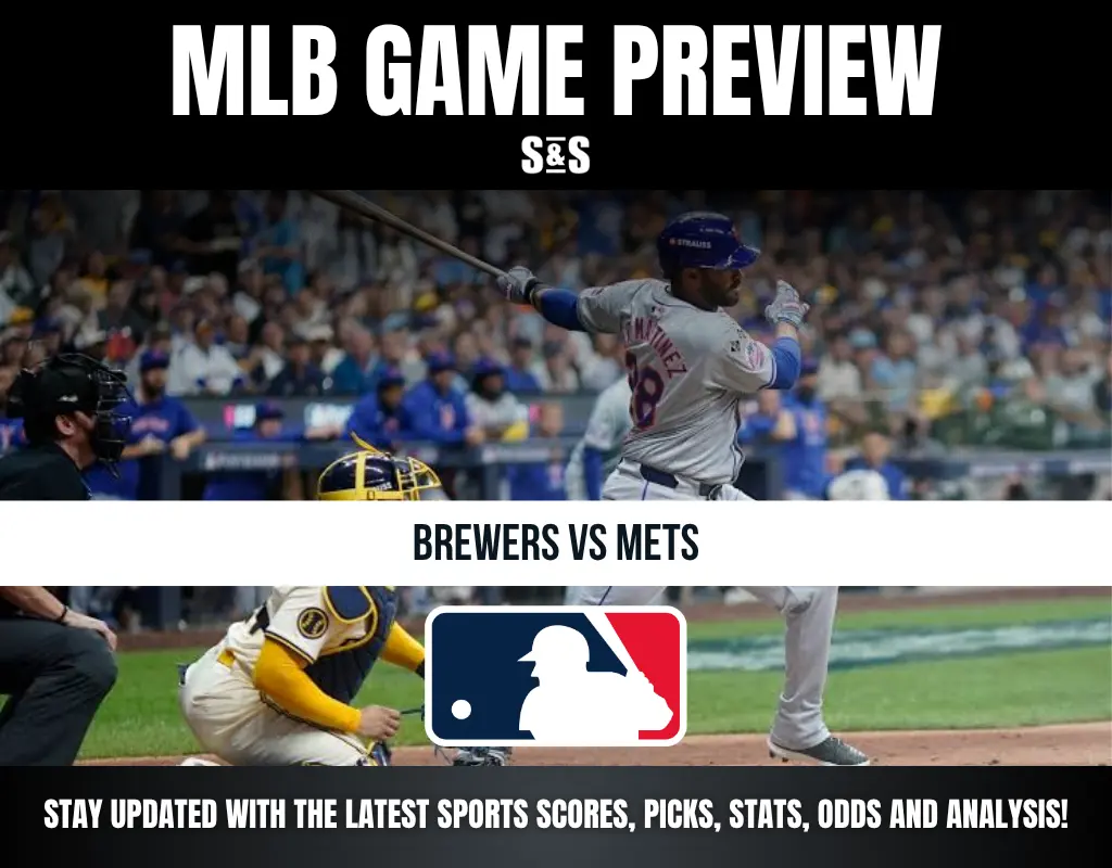 MLB game preview for Brewers vs Mets with a batter swinging and catcher, umpire, and crowd in background, MLB logo displayed.