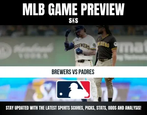 Two MLB players from Brewers and Padres teams standing on the field with text "MLB Game Preview" and "Brewers vs Padres."