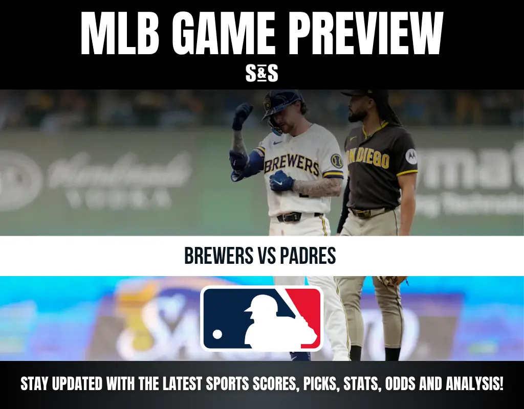 Two MLB players from Brewers and Padres teams standing on the field with text "MLB Game Preview" and "Brewers vs Padres."