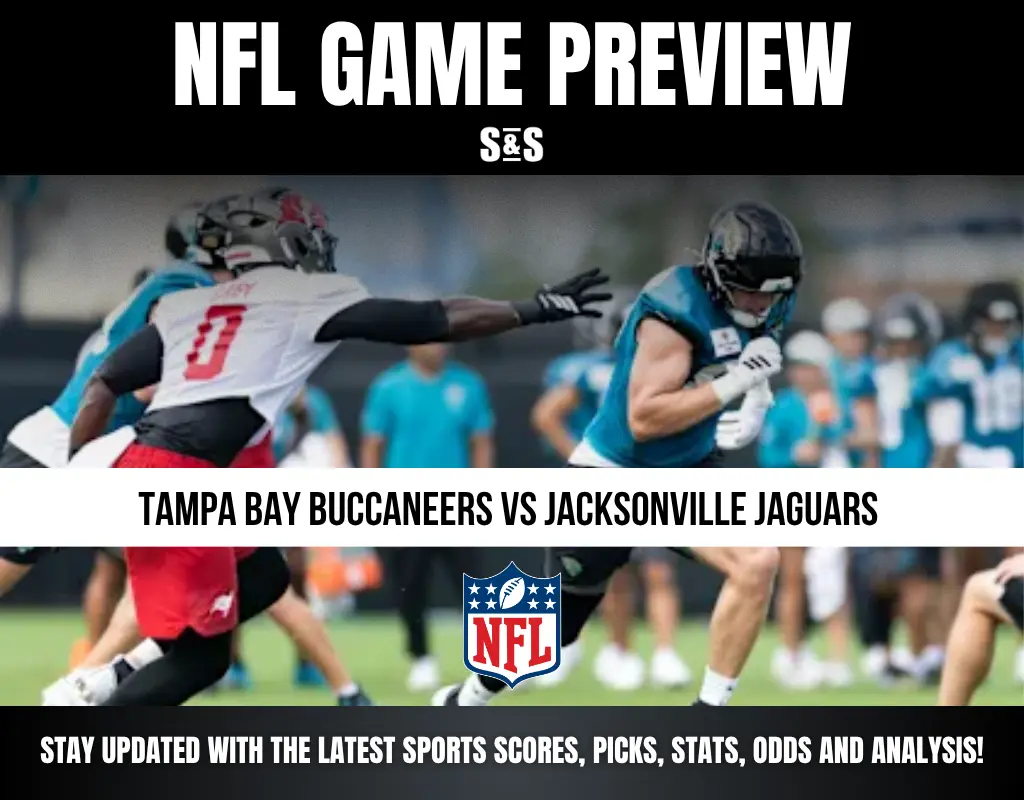 Two football players from Tampa Bay Buccaneers and Jacksonville Jaguars shown in action during practice, NFL logo below.