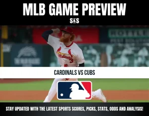 MLB game preview for Cardinals vs Cubs with a pitcher in Cardinals uniform mid-throw and MLB logo below.
