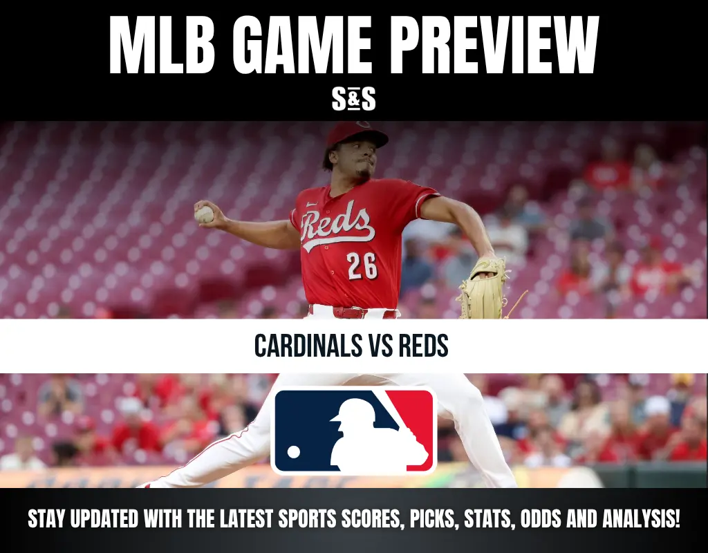 Baseball pitcher in a Reds uniform prepares to throw a pitch in an MLB preview for the Cardinals vs Reds game.