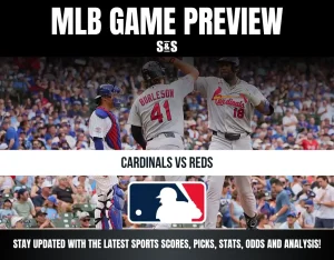 MLB game preview for Cardinals vs Reds with players celebrating and fans in the background, featuring official MLB logo.