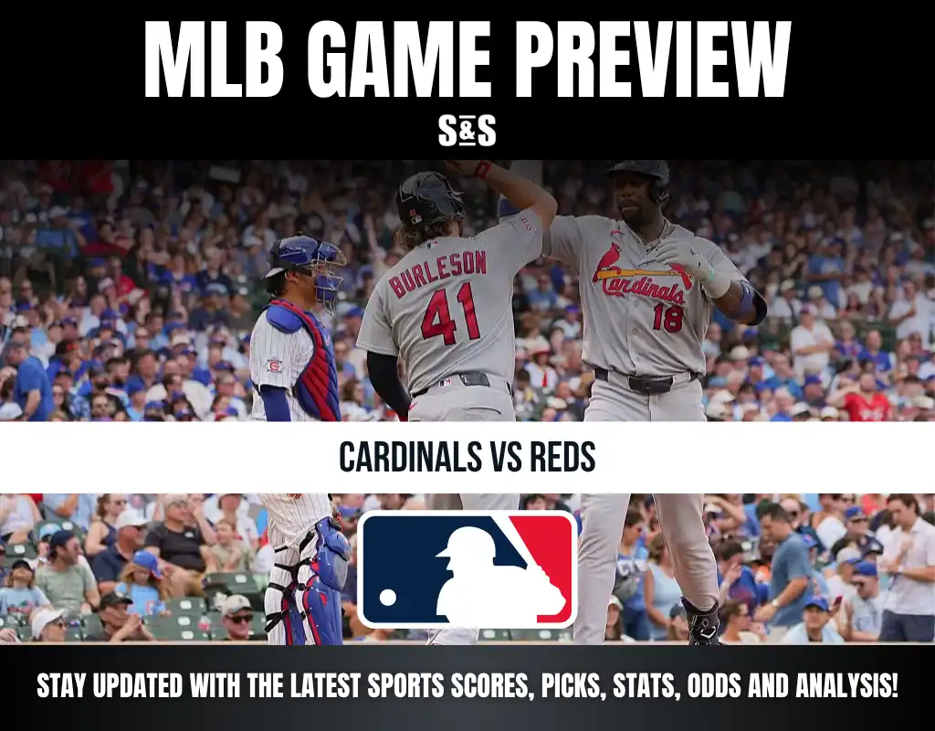 MLB game preview for Cardinals vs Reds with players celebrating and fans in the background, featuring official MLB logo.
