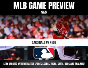 MLB game preview for Cardinals vs Reds with a batter in a Reds uniform swinging a bat, and MLB logo below text.