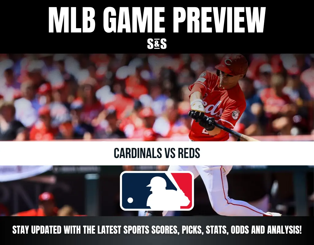 MLB game preview for Cardinals vs Reds with a batter in a Reds uniform swinging a bat, and MLB logo below text.