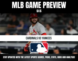 Baseball player in Cardinals uniform in action with text overlay: MLB Game Preview, Cardinals vs Yankees, MLB logo.