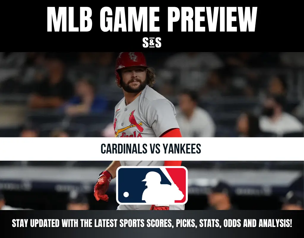 Baseball player in Cardinals uniform in action with text overlay: MLB Game Preview, Cardinals vs Yankees, MLB logo.