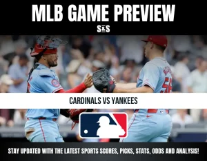 MLB game preview image featuring Cardinals players with text highlighting Cardinals vs Yankees matchup and MLB logo.
