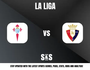 Logos of La Liga football teams Celta Vigo and Osasuna with "La Liga vs S&S" and a sports updates tagline on a dark background.