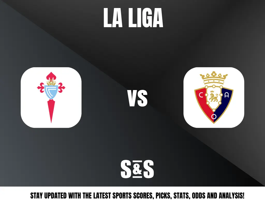 Logos of La Liga football teams Celta Vigo and Osasuna with "La Liga vs S&S" and a sports updates tagline on a dark background.