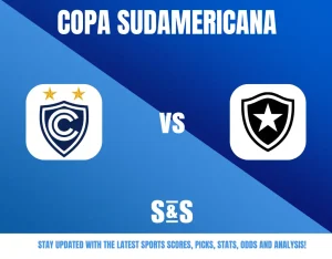 Copa Sudamericana logo with two team logos, one on the left and one on the right, featuring a blue background.