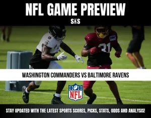 NFL game preview featuring Washington Commanders player practicing against Baltimore Ravens player on a grassy field.