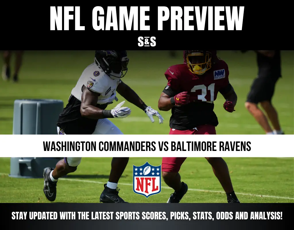 NFL game preview featuring Washington Commanders player practicing against Baltimore Ravens player on a grassy field.