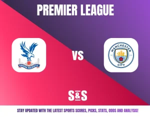 Premier League graphic featuring a match between Crystal Palace and Manchester City, with a call to stay updated on sports scores, picks, stats, odds, and analysis.