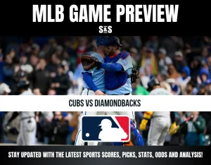 MLB game preview for Cubs vs Diamondbacks featuring two players in light blue uniforms celebrating on the field with a crowd background.