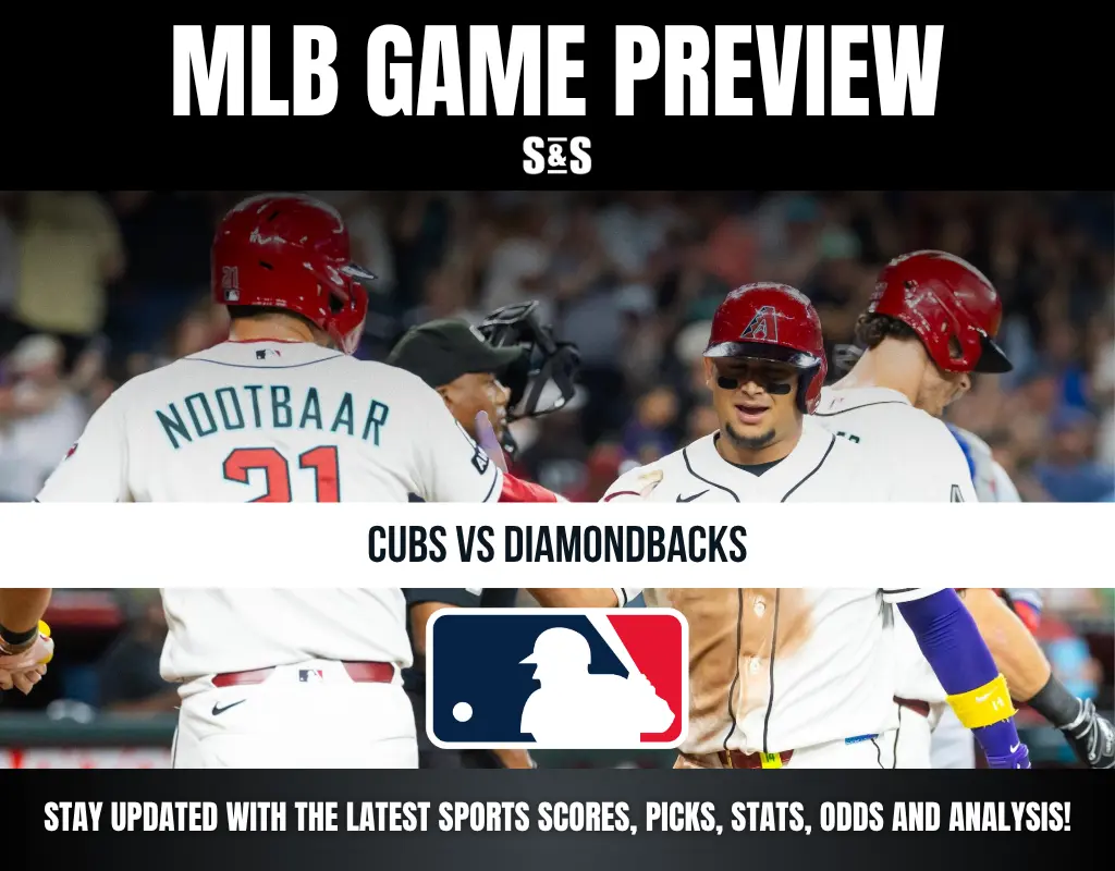 MLB game preview for Cubs vs Diamondbacks with players in white jerseys and red helmets celebrating on the field.