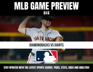 MLB game preview featuring a matchup between the Diamondbacks and Giants, with a pitcher in action and promotional text for sports updates.