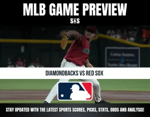 MLB game preview for Diamondbacks vs Red Sox featuring a pitcher in red jersey mid-pitch, with MLB logo and sports update text.