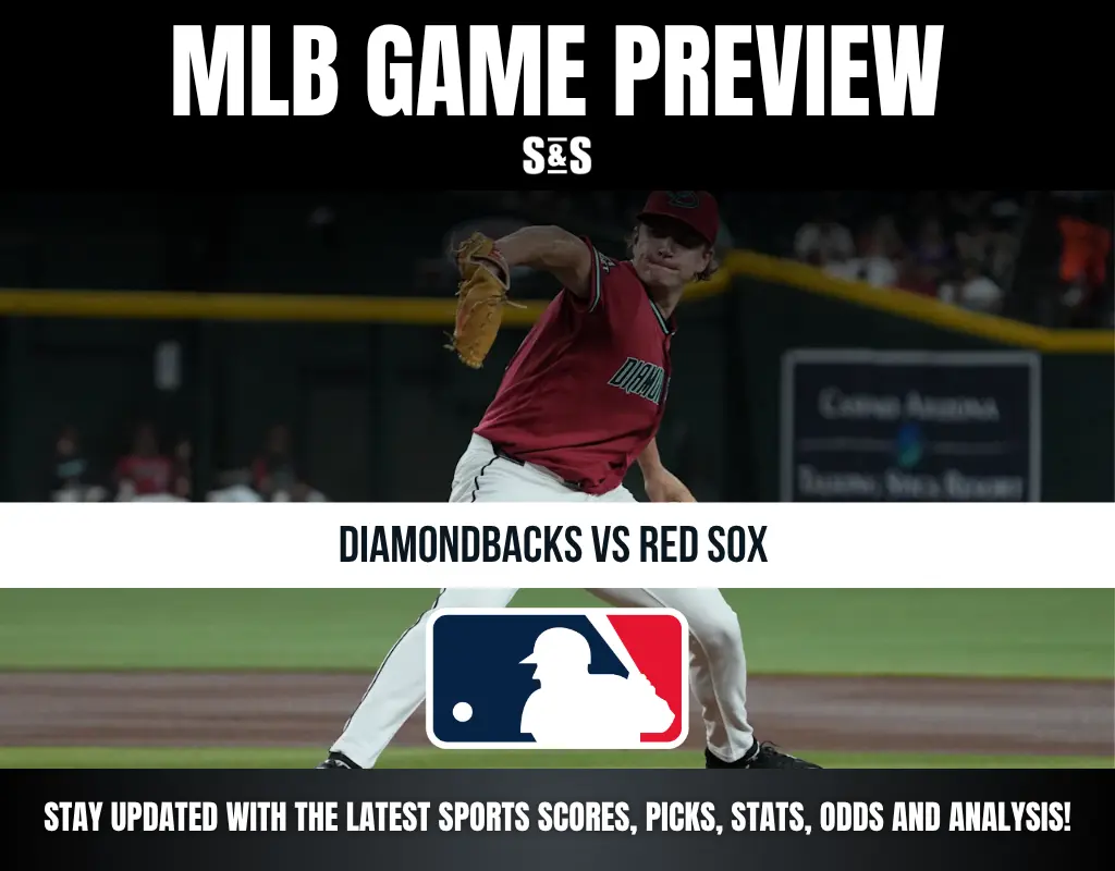 MLB game preview for Diamondbacks vs Red Sox featuring a pitcher in red jersey mid-pitch, with MLB logo and sports update text.