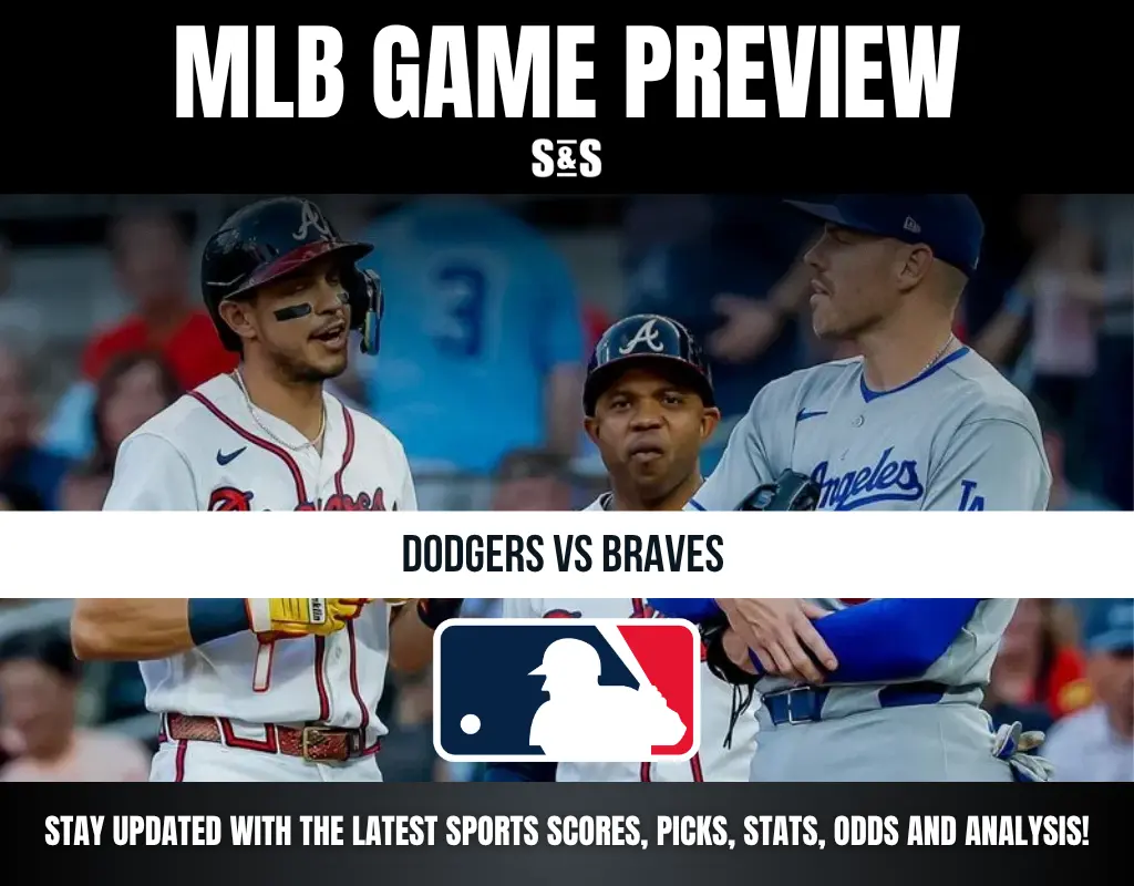 MLB game preview graphic featuring players from the Dodgers and Braves with the MLB logo and matchup details.