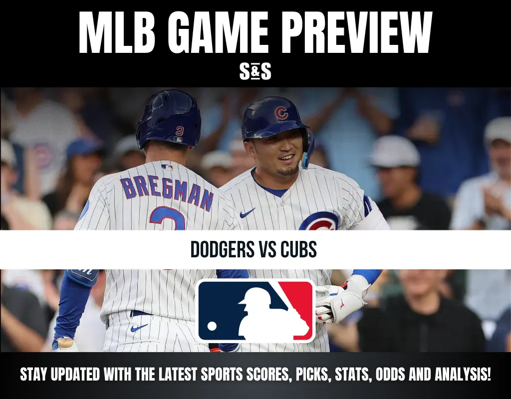MLB Game Preview featuring Dodgers vs Cubs, with an invitation to stay updated with sports scores, picks, stats, odds, and analysis.