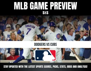 Image showing an MLB game preview for Dodgers vs Cubs with players in Cubs uniforms celebrating and a crowd in the background.