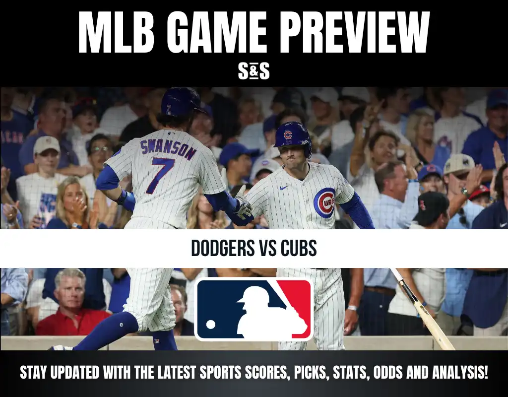 Image showing an MLB game preview for Dodgers vs Cubs with players in Cubs uniforms celebrating and a crowd in the background.