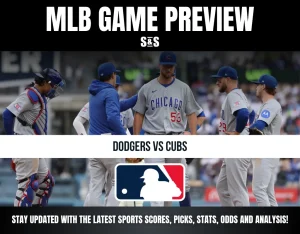MLB game preview for Dodgers vs Cubs showing Cubs players and coach in discussion on the field.
