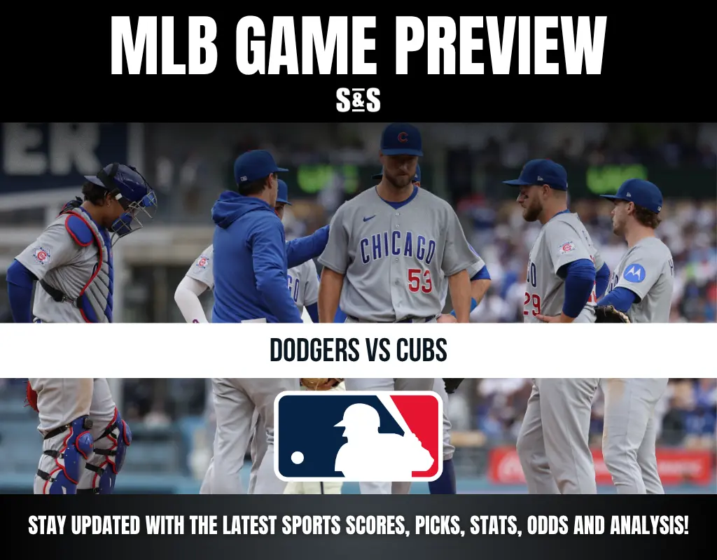MLB game preview for Dodgers vs Cubs showing Cubs players and coach in discussion on the field.