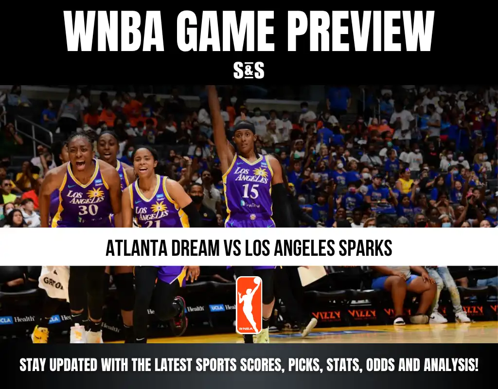 WNBA game preview: Atlanta Dream vs Los Angeles Sparks with players celebrating on court and a cheering crowd in the background.