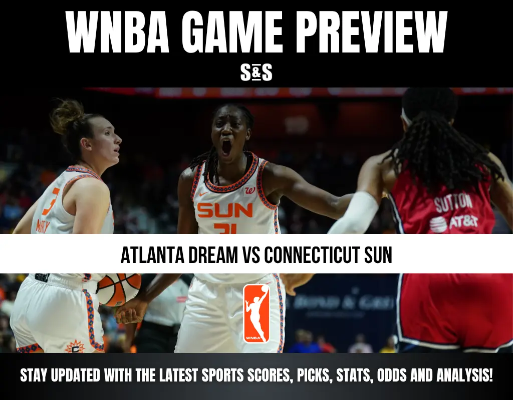 WNBA game preview graphic showing Atlanta Dream vs Connecticut Sun players in action on the court, promoting scores, picks, and analysis.