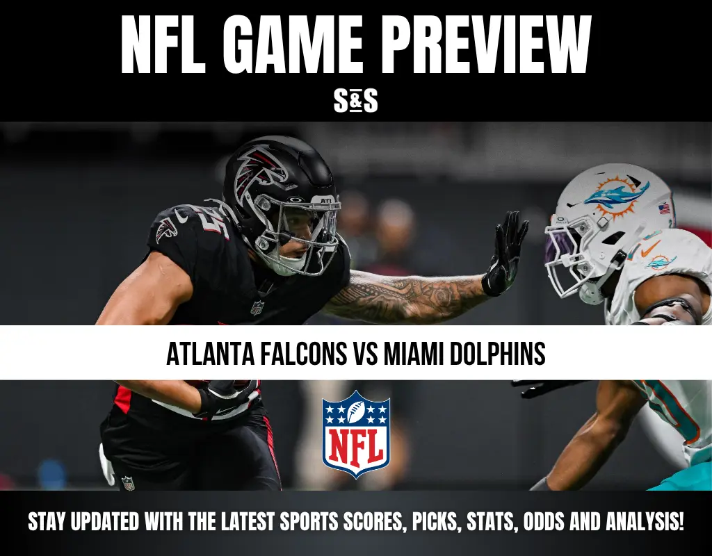 NFL game preview graphic featuring Atlanta Falcons player and Miami Dolphins player facing off.