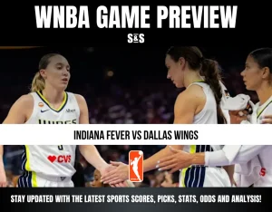 WNBA game preview featuring Indiana Fever vs Dallas Wings, two players shaking hands during a basketball match.