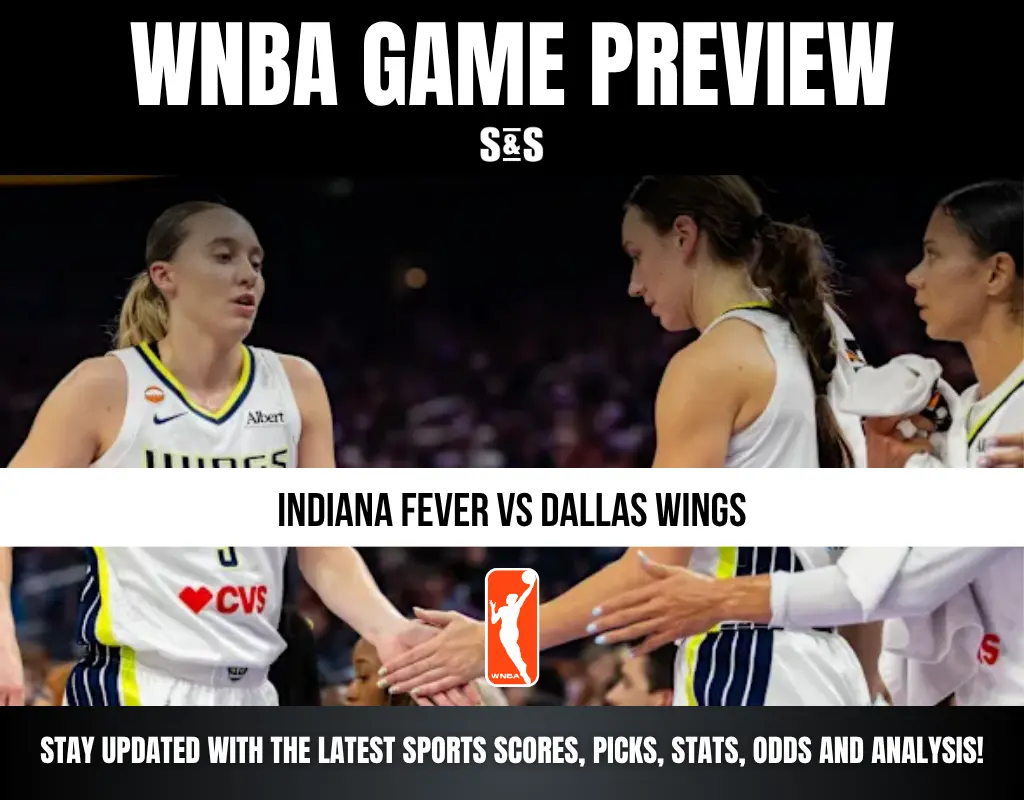 WNBA game preview featuring Indiana Fever vs Dallas Wings, two players shaking hands during a basketball match.
