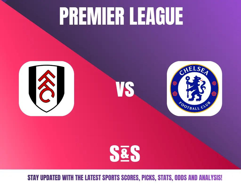 Premier League match graphic featuring Fulham FC logo vs Chelsea FC logo, with a pink and purple background.