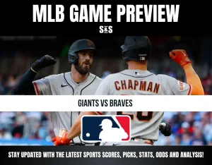 Two San Francisco Giants players celebrating during a MLB game preview for Giants vs Braves with MLB logo.